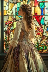Woman in ornate gown stands by stained glass.