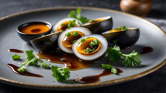 Sliced Century Eggs: A Sophisticated Plating with Cilantro and Soy Sauce
