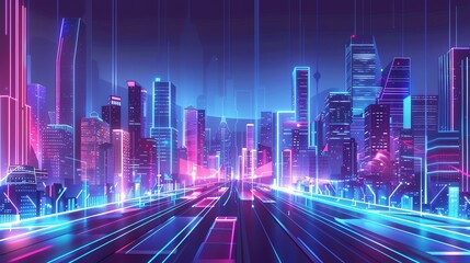 A futuristic cityscape with neon lights and digital lines.