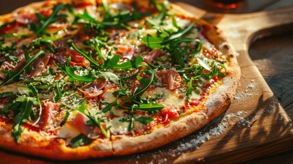 Arugula Pizza with Prosciutto and Parmesan on a Wooden Board in Sunlight.