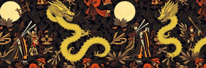 Elegant seamless pattern featuring golden dragon samurai and geishas in a classical Japanese illustration, perfect for Asian culture and medieval Japan themes, Japanese, geisha