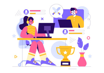 E-sports Vector Illustration featuring a Gamer in Virtual Reality, Playing Online Games on Consoles or Using a Joystick with a Gamepad in a Background