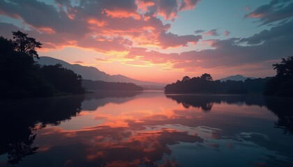 Sunset reflection on serene lake 