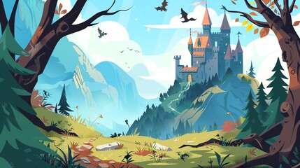 A whimsical illustration depicting a fairytale castle perched atop a mountain, framed by lush trees and a winding path.