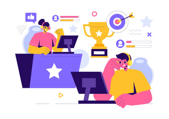 E-sports Vector Illustration featuring a Gamer in Virtual Reality, Playing Online Games on Consoles or Using a Joystick with a Gamepad in a Background