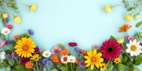 Floral decoration frame with empty space in the middle, featuring vibrant flowers, leaves, and stems, stems, decoration