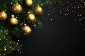 On the black background, the branches of the trees are elegantly arranged, decorated with golden spikes and matte black balls with golden inlays. Soft glow of the garland
