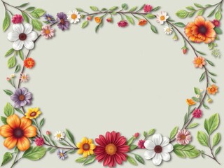 Obraz premium Floral decoration frame with various flowers and green leaves surrounding an empty space in the center, space, botanical