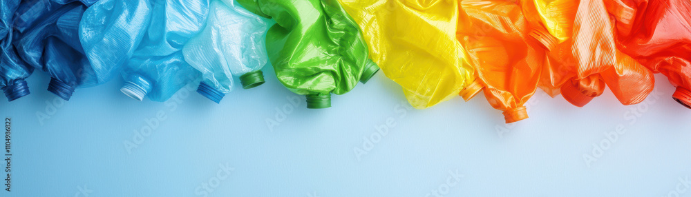 Poster recycle upcycling management concept. a vibrant array of crumpled plastic sheets in various colors, 