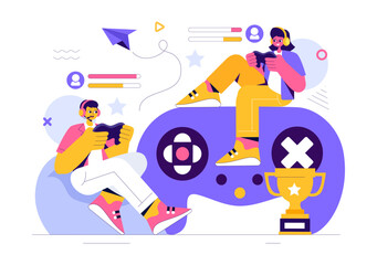 E-sports Vector Illustration featuring a Gamer in Virtual Reality, Playing Online Games on Consoles or Using a Joystick with a Gamepad in a Background