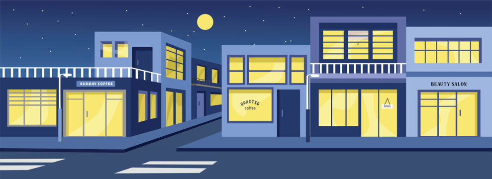 Thrift store in the night time. Shopping center. Shopping complex. Shopping plaza. Strip mall. Galleria. Market. Marketplace. Mart. Mini mall. piazza.