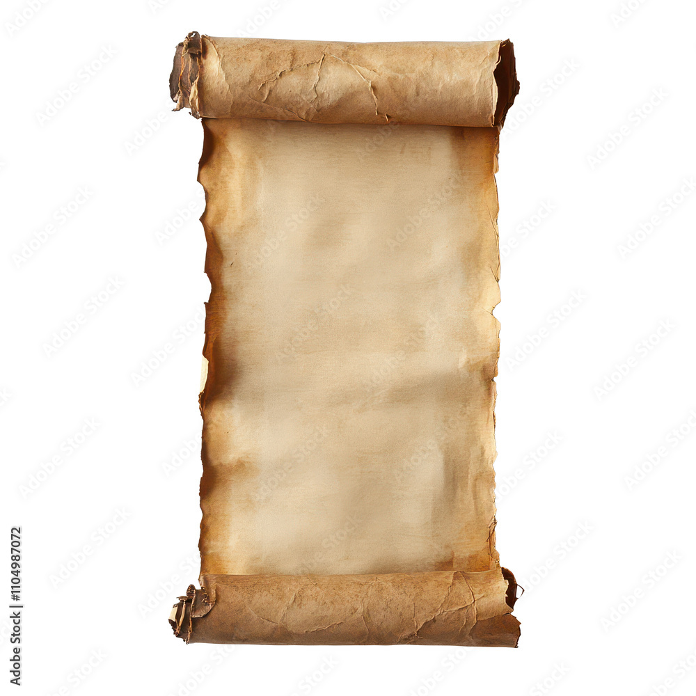 Poster aged worn paper scroll displayed on a transparent background, showcasing historical document charact