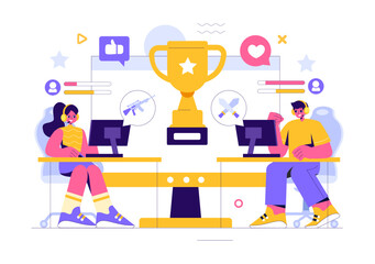 E-sports Vector Illustration featuring a Gamer in Virtual Reality, Playing Online Games on Consoles or Using a Joystick with a Gamepad in a Background