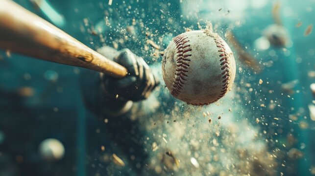 Close-up of baseball bat hitting ball, dirt flying.