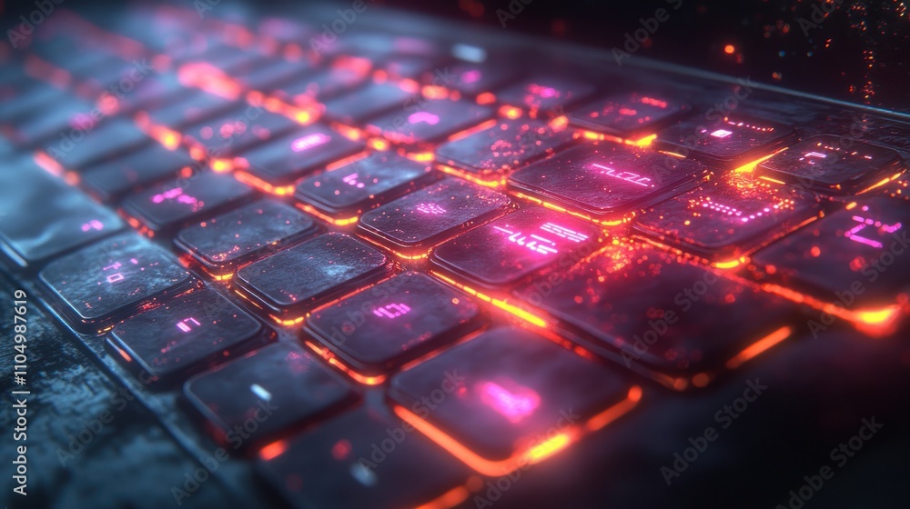 Poster close-up of a glowing keyboard with sparks flying from the keys.