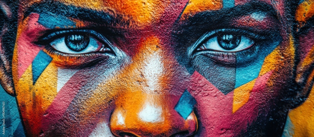 Poster close up of a person's face with colorful abstract paint, showing both eyes and part of the nose.
