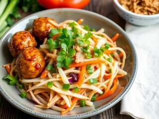 Ginger pork meatballs served over a colorful Asian slaw salad, pork, delicious