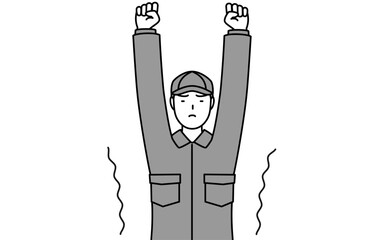 ストレッチで背伸びするつなぎ姿の整備士