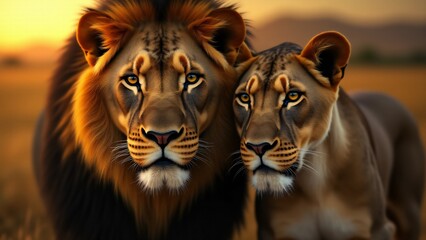 A powerful portrait of a lion and lioness, their faces conveying unity and strength. The golden...