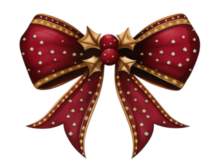 Red decorative bow with golden accents, isolated on white background.