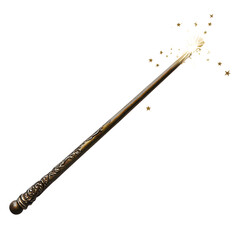 Naklejka premium A detailed magic wand sparkling with stars against a clean transparent background ideal for fantasy-themed designs, A magic wand, transparent background.