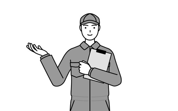 recommend clip art: クリップボードを持って手を広げるつなぎ姿の整備士