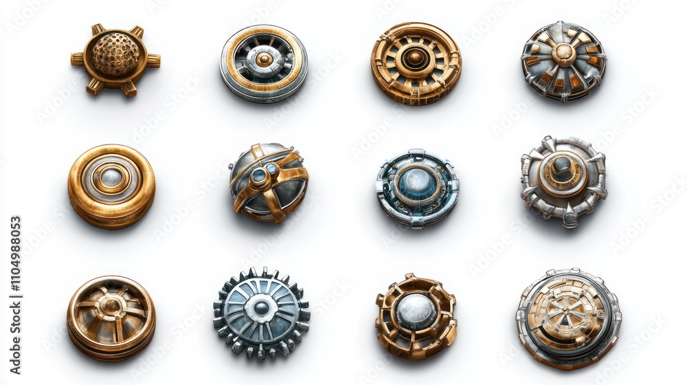Poster twelve unique futuristic metallic circular devices