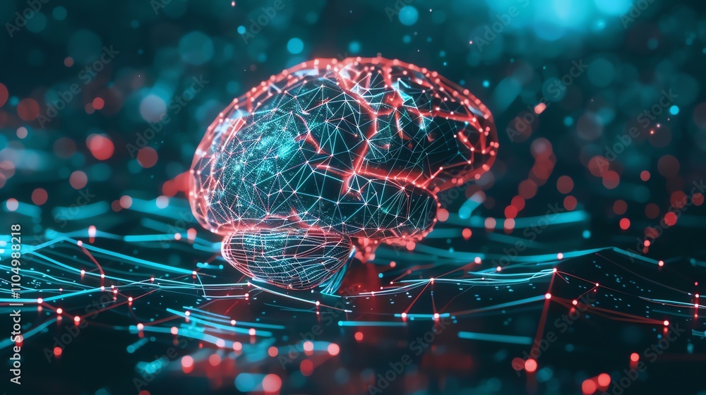 Poster an abstract, digital representation of a brain, surrounded by glowing lines and dots.