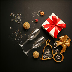  poster design with champagne bottle and glasses. A classy top view new year celebration setup with champagne, two glasses, a gift box, and sparkling decorations on a dark background