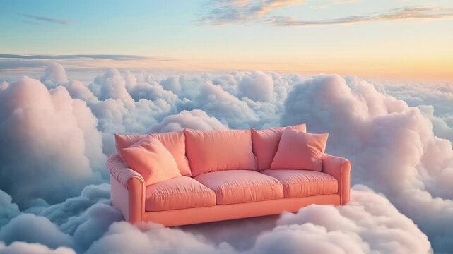 Beautiful pink sofa with cushions stands in a fantastic cozy place in the sky among the clouds. Paradise landscape. Concept of relaxation, pacification and rest. Furniture Interiors.