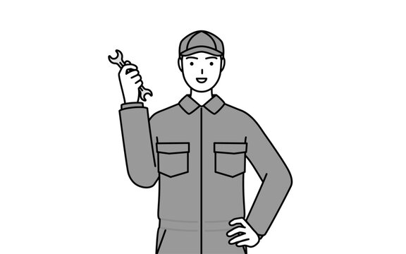 recommend clip art: スパナを持つつなぎ姿の整備士
