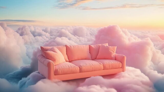Beautiful pink sofa with cushions stands in a fantastic cozy place in the sky among the clouds. Paradise landscape. Concept of relaxation, pacification and rest. Furniture Interiors.