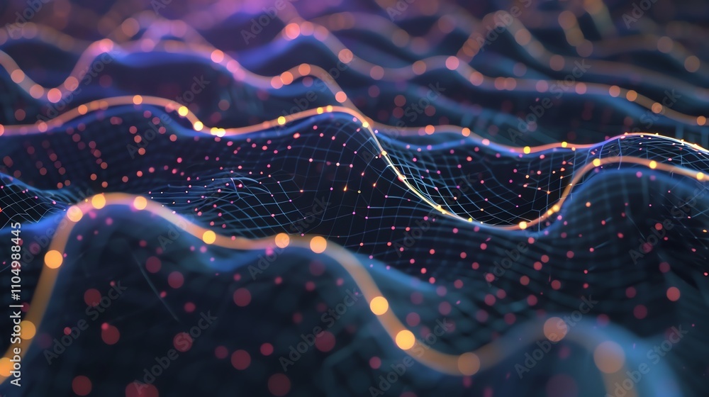 Poster abstract digital rendering of a wavy grid with glowing lines and dots.