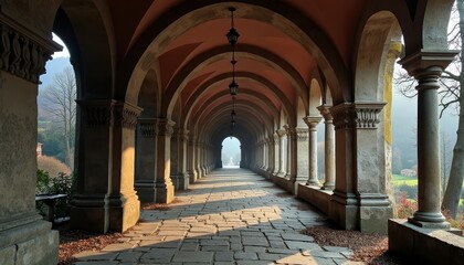Fototapeta premium Stone arched pathway with red ceiling