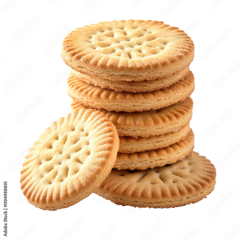 Poster stack of freshly baked biscuits arranged on a transparent background ready for snacking or baking, b
