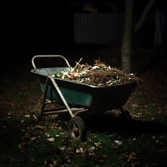 Garden maintenance action backyard photograph nighttime wide angle wheelbarrow filled with garden debris