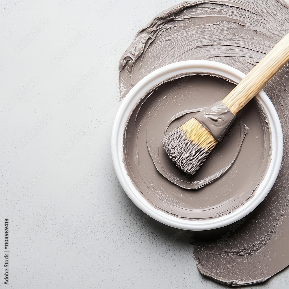Poster a circular container of gray paint with a brush rests on a textured surface, showcasing a minimalist