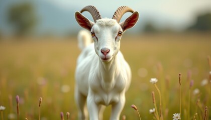 Obraz premium White goat in field with horns or Goat standing in grassy field