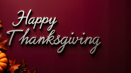 Happy Thanksgiving white script text on a maroon background with scattered autumn leaves