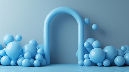 Blue abstract arch with floating bubbles on minimalist background. Concept of blue Monday