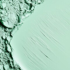 A close-up of green cosmetic powder, showcasing its texture and application, with smooth and rough surfaces blending harmoniously.