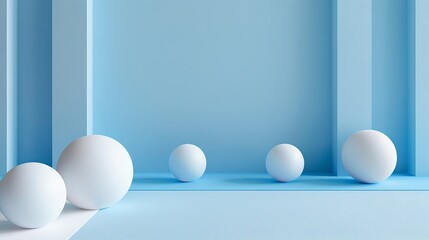 Minimalist blue and white geometric composition with spheres in modern abstract space. Concept of blue Monday