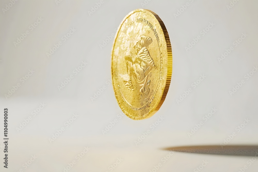 Poster a golden coin floating above a surface, showcasing its shiny surface and intricate details.