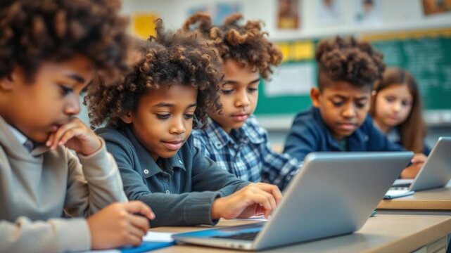 Mixed race schoolboy with curly hair sitting at a desk in a classroom, studying on a laptop with a thoughtful expression, diversity, technology