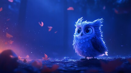 A creepy and cute owl character stands there. Underground fungal kingdom, spectacular scene, apocalyptic and decadent, no man's land, deserted, dark, ominous, dark fantasy atmosphere, Japanese realist