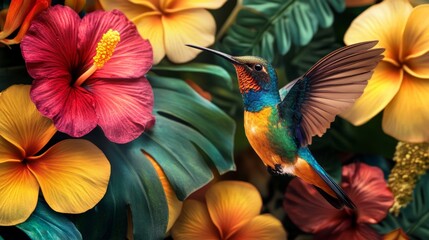 A Hummingbird in a Tropical Floral Paradise