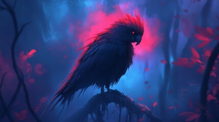 Fototapeta premium A creepy and cute parrot character stands there. Underground fungal kingdom, spectacular scene, apocalyptic and decadent, no man's land, deserted, dark, ominous, dark fantasy atmosphere, Japanese real