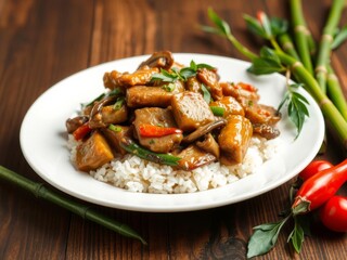 Savory pork chop with bell peppers, mushrooms, and bamboo slices served over a bed of rice, delicious, meal
