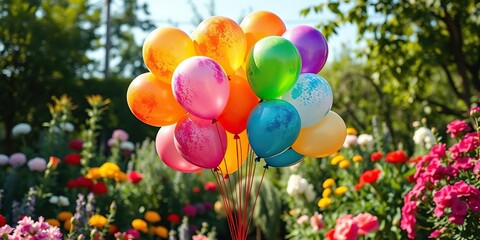 Obraz premium A bunch of brightly colored watercolor balloons tied to a festive bouquet in a garden setting, colorful flowers, playful bouquet, whimsical accents
