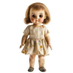 Abandoned vintage doll with distinct features and wear, standing on a plain transparent background, abandoned standing old vintage doll on transparent background